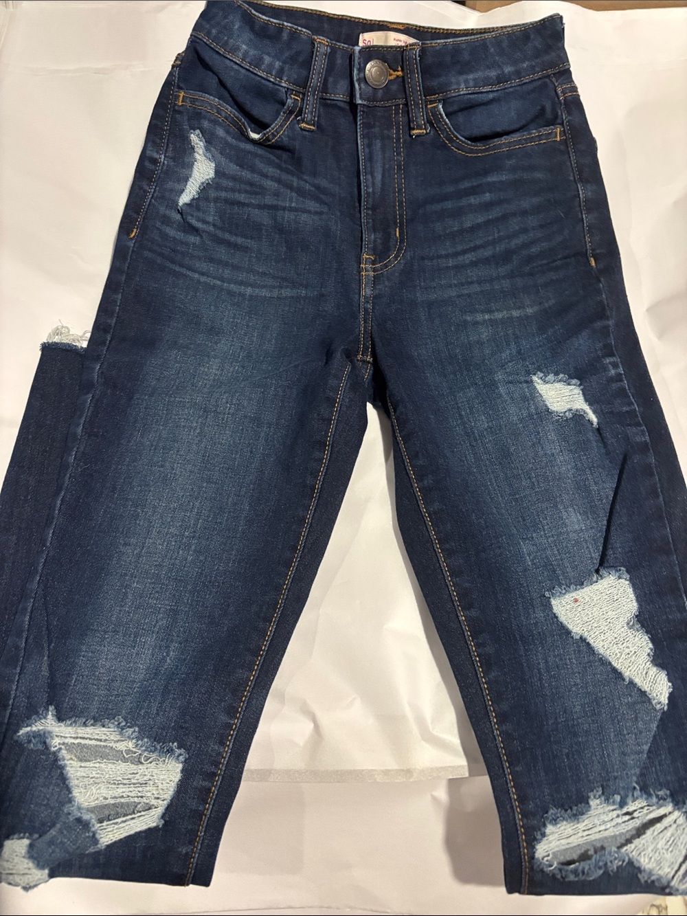 Women’s Distressed Dark Blue Stretch Jeans